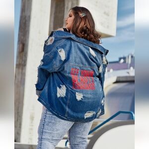 Fashion to Figure EYBS Blue Denim Jean  Trucker Jacket with Red Accents